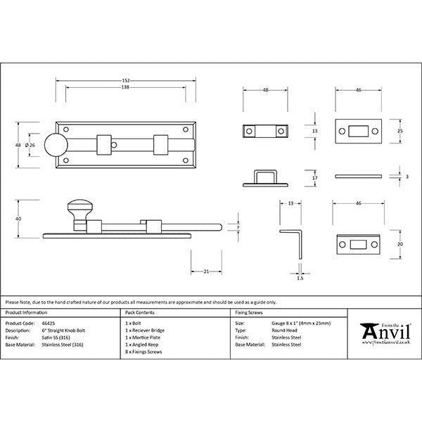 From The Anvil - 6" Universal Bolt - Satin Marine SS (316) - 46425 - Choice Handles