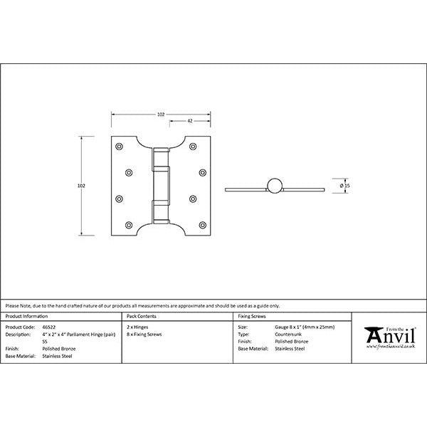 From The Anvil - 4" x 2" x 4"  Parliament Hinge (pair) ss - Polished Bronze - 46522 - Choice Handles