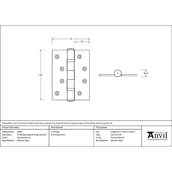 From The Anvil - 4" Ball Bearing Butt Hinge (pair) ss - Polished Bronze - 46526 - Choice Handles