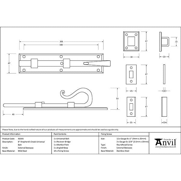 From The Anvil - 8" Shepherd's Crook Universal Bolt - Beeswax - 46544 - Choice Handles