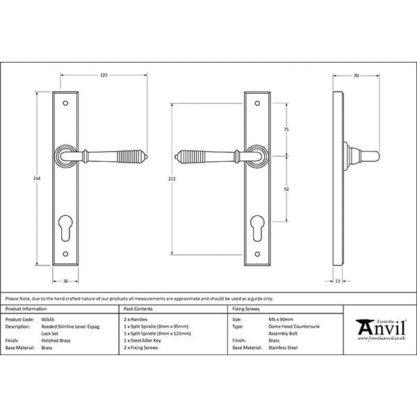 From The Anvil - Reeded Slimline Lever Espag. Lock Set - Polished Brass - 46545 - Choice Handles