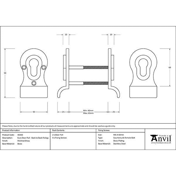 From The Anvil - 50mm Euro Door Pull (Back to Back fixings) - Polished Brass - 46550 - Choice Handles