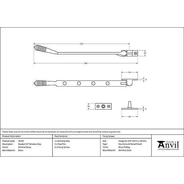 From The Anvil - 10" Reeded Stay - Polished Brass - 46707 - Choice Handles