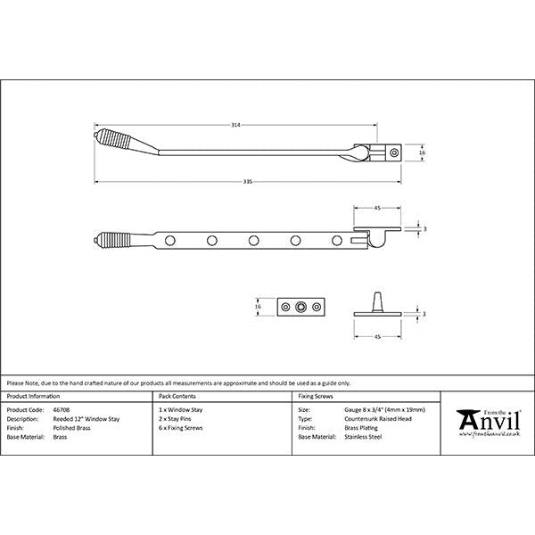 From The Anvil - 12" Reeded Stay - Polished Brass - 46708 - Choice Handles