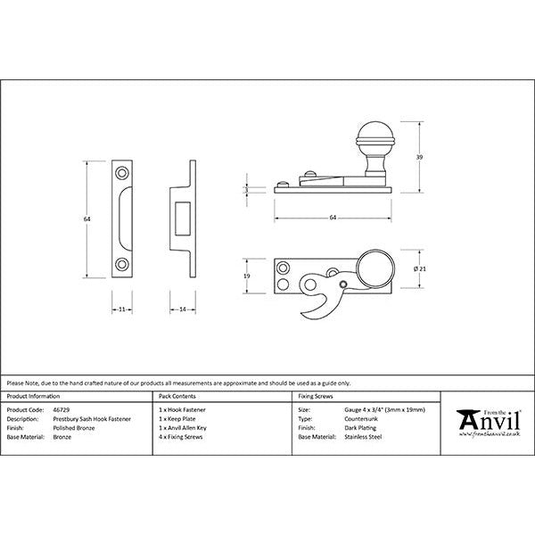 From The Anvil - Prestbury Sash Hook Fastener - Polished Bronze - 46729 - Choice Handles