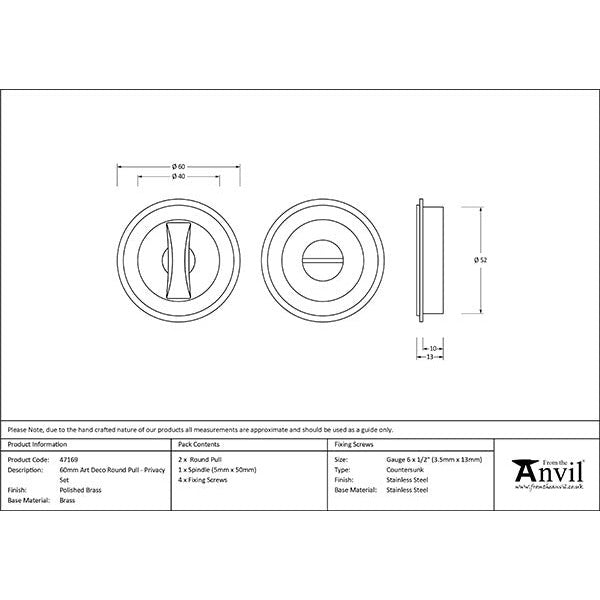 From The Anvil - 60mm Art Deco Round Pull - Privacy Set - Polished Brass - 47169 - Choice Handles