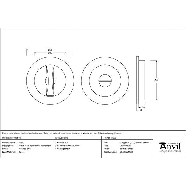 From The Anvil - 75mm Plain Round Pull - Privacy Set - Polished Brass - 47172 - Choice Handles