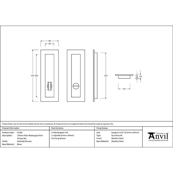 From The Anvil - 175mm Plain Rectangular Pull - Privacy Set - Polished Chrome - 47181 - Choice Handles