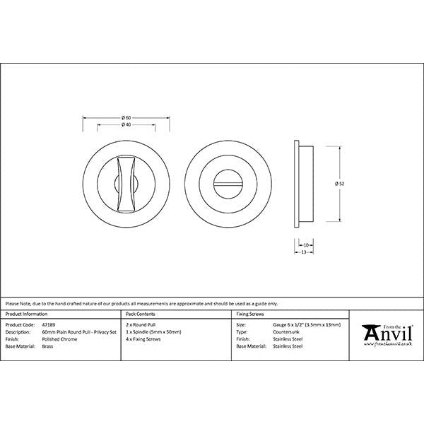 From The Anvil - 60mm Plain Round Pull - Privacy Set - Polished Chrome - 47189 - Choice Handles