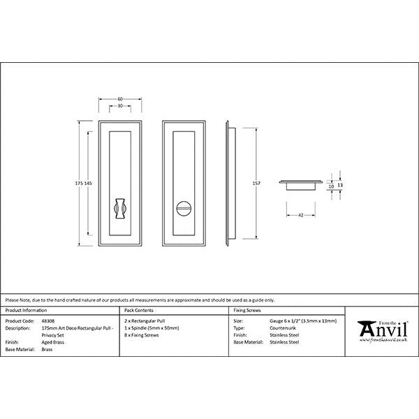 From The Anvil - 175mm Art Deco Rectangular Pull - Privacy Set - Aged Brass - 48308 - Choice Handles