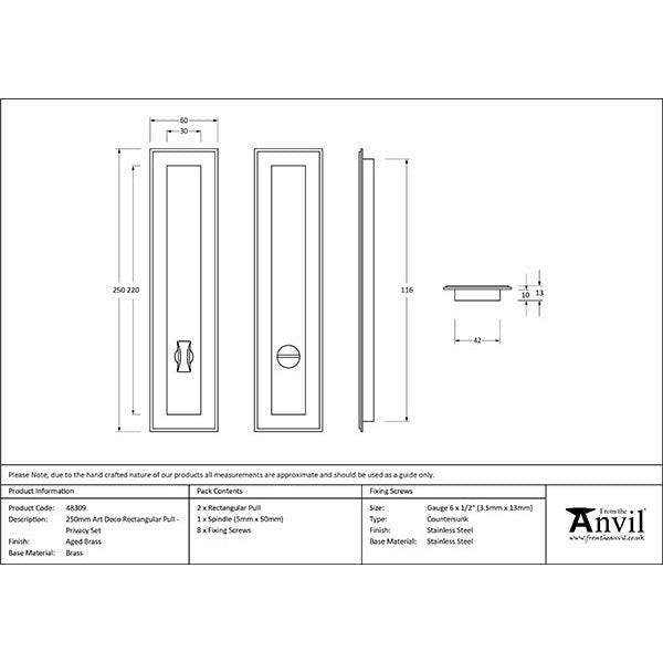 From The Anvil - 250mm Art Deco Rectangular Pull - Privacy Set - Aged Brass - 48309 - Choice Handles