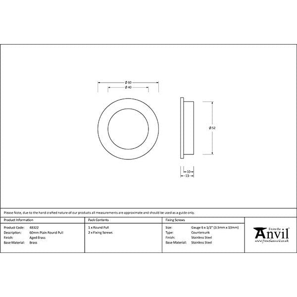 From The Anvil - 60mm Plain Round Pull - Aged Brass - 48322 - Choice Handles