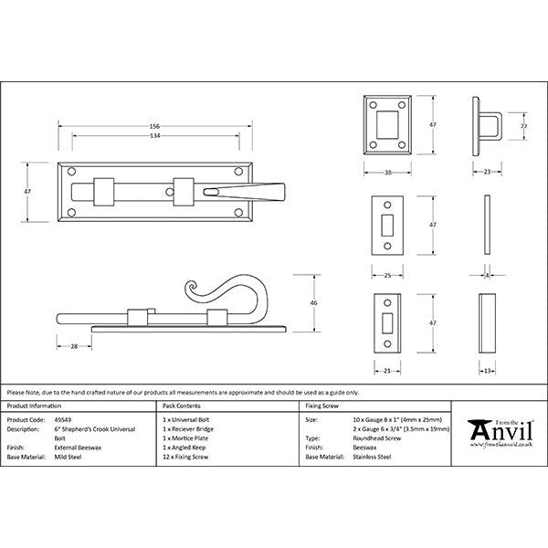 From The Anvil - 6" Shepherd's Crook Universal Bolt - External Beeswax - 49549 - Choice Handles