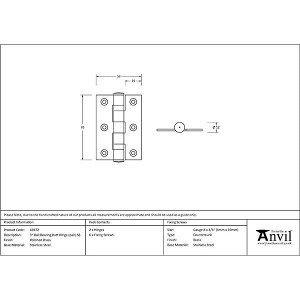 From The Anvil - 3" Ball Bearing Butt Hinge (pair) ss - Polished Brass - 49572 - Choice Handles