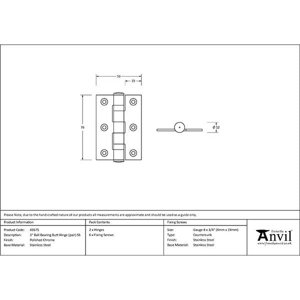 From The Anvil - 3" Ball Bearing Butt Hinge (pair) ss - Polished Chrome - 49575 - Choice Handles