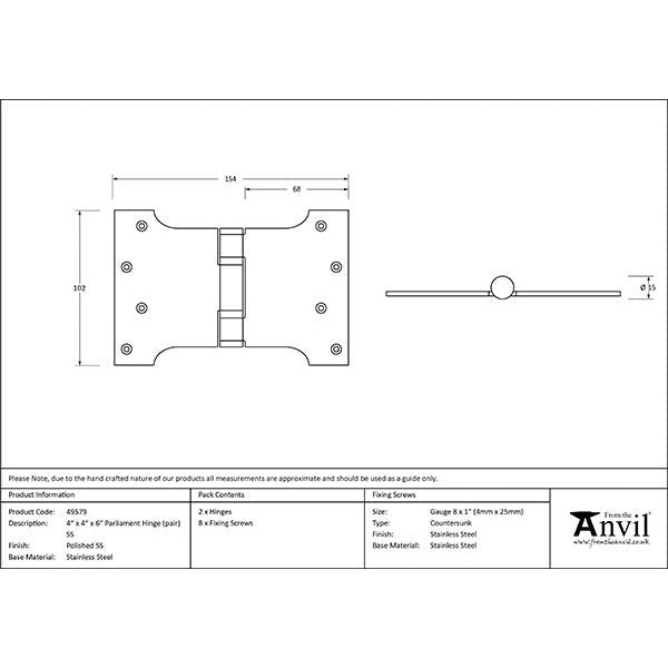 From The Anvil - 4" x 4" x 6"  Parliament Hinge (pair) - Polished Stainless Steel - 49579 - Choice Handles