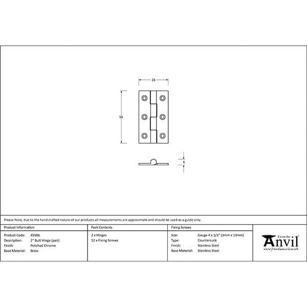 From The Anvil - 2" Butt Hinge (pair) - Polished Chrome - 49586 - Choice Handles