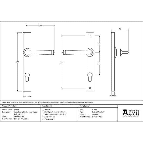 From The Anvil - Avon Slimline Lever Espag. Lock Set - Satin Marine SS (316) - 49800 - Choice Handles