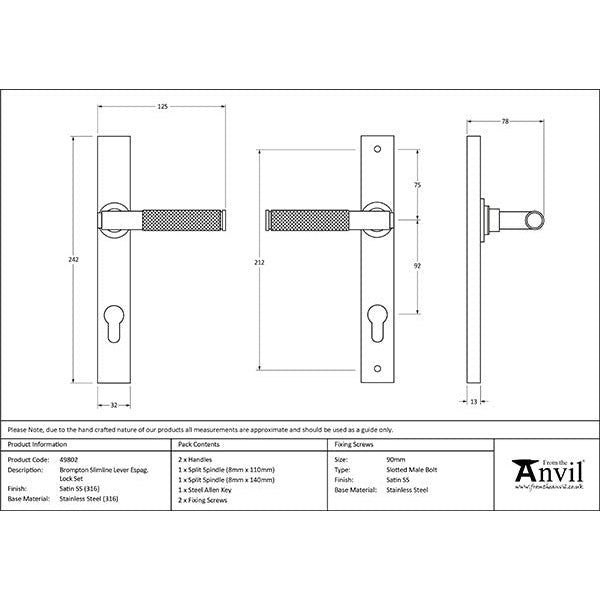 From The Anvil - Brompton Slimline Espag. Lock Set - Satin Marine SS (316) - 49802 - Choice Handles