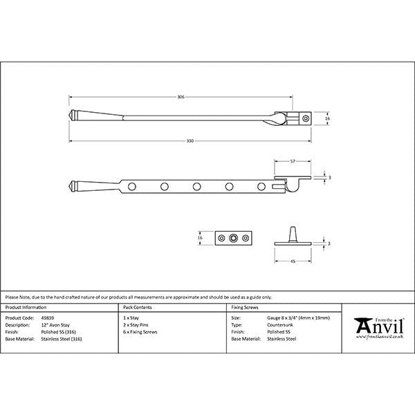 From The Anvil - 12" Avon Stay - Polished Marine SS (316) - 49839 - Choice Handles