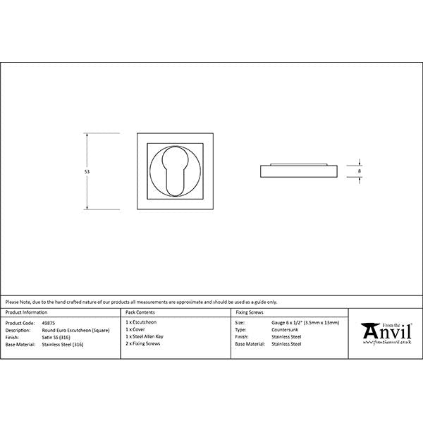 From The Anvil - Round Euro Escutcheon (Square) - Satin Marine SS (316) - 49875 - Choice Handles