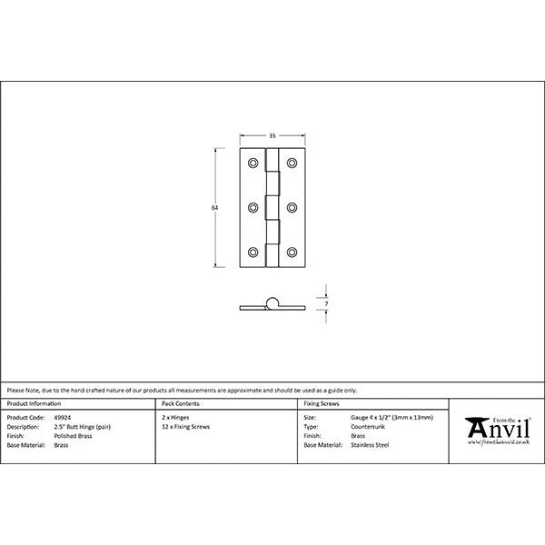 From The Anvil - 2.5" Butt Hinge (pair) - Polished Brass - 49924 - Choice Handles