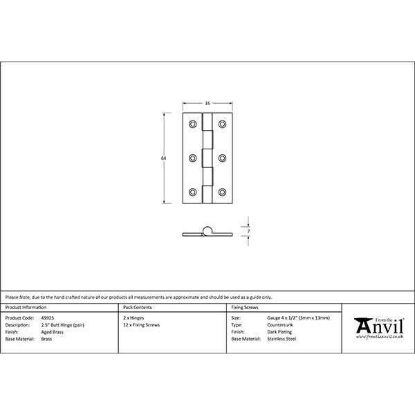 From The Anvil - 2.5" Butt Hinge (pair) - Aged Brass - 49925 - Choice Handles