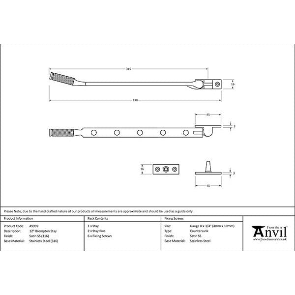 From The Anvil - 12" Brompton Stay - Satin Marine SS (316) - 49939 - Choice Handles
