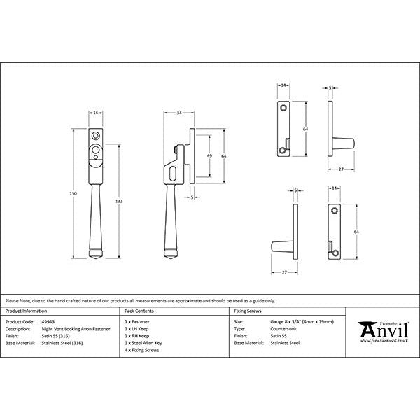 From The Anvil - Night-Vent Locking Avon Fastener - Satin Marine SS (316) - 49943 - Choice Handles