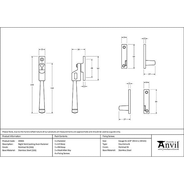 From The Anvil - Night-Vent Locking Avon Fastener - Polished Marine SS (316) - 49944 - Choice Handles