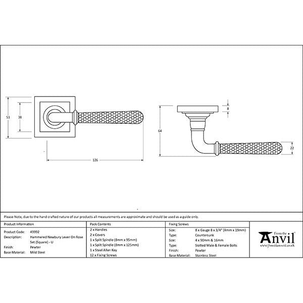 From The Anvil  - Hammered Newbury Lever on Rose Set (Square) - Unsprung - Pewter Patina - 49992 - Choice Handles