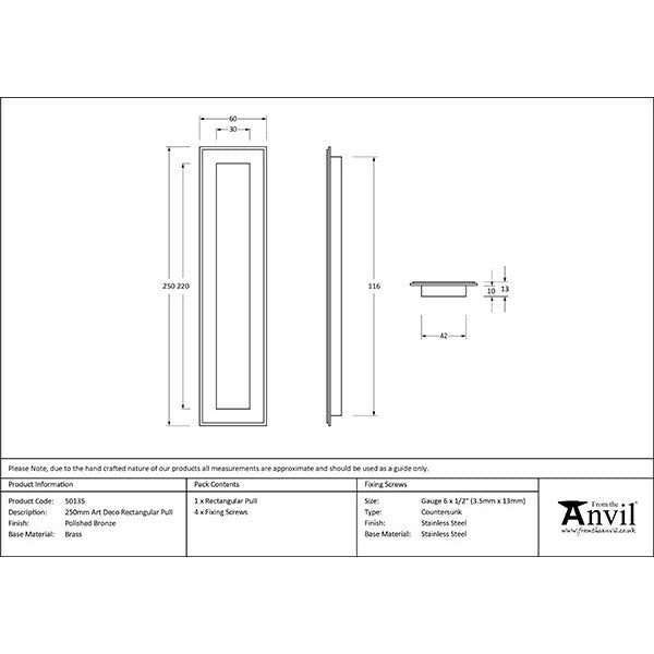 From The Anvil - 250mm Art Deco Rectangular Pull - Polished Bronze - 50135 - Choice Handles