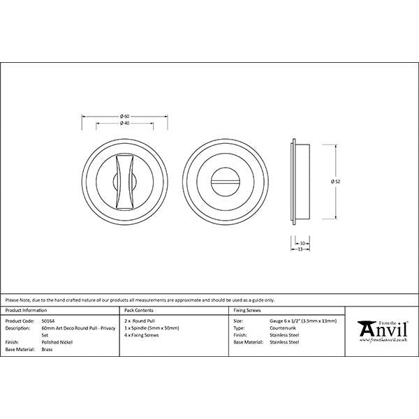 From The Anvil - 60mm Art Deco Round Pull - Privacy Set - Polished Nickel - 50164 - Choice Handles