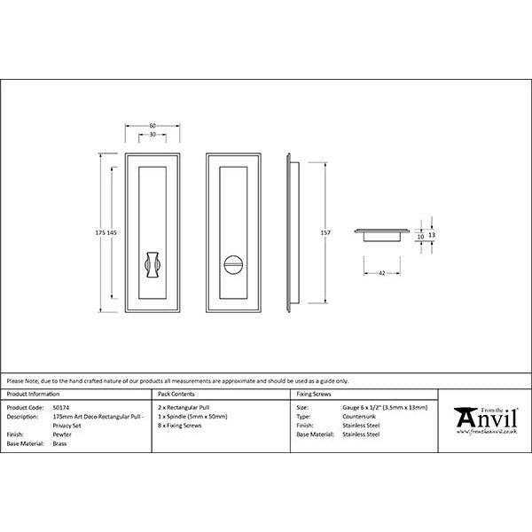 From The Anvil - 175mm Art Deco Rectangular Pull - Privacy Set - Pewter Patina - 50174 - Choice Handles