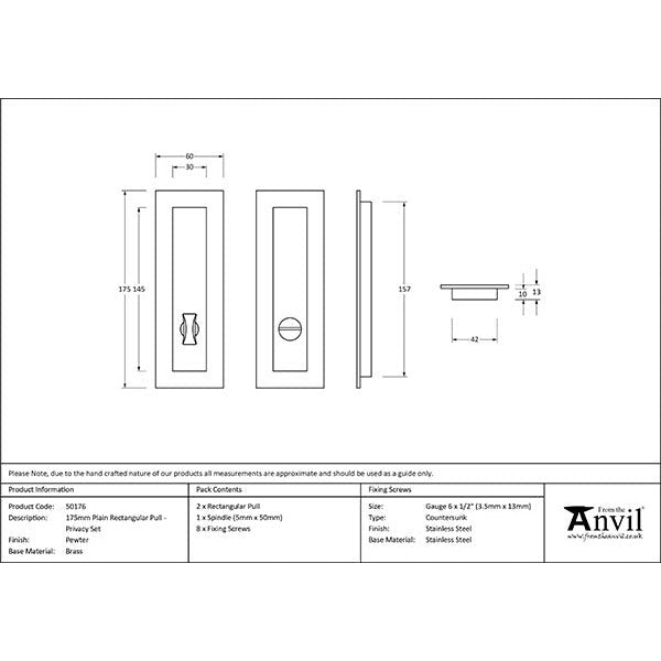 From The Anvil - 175mm Plain Rectangular Pull - Privacy Set - Pewter Patina - 50176 - Choice Handles