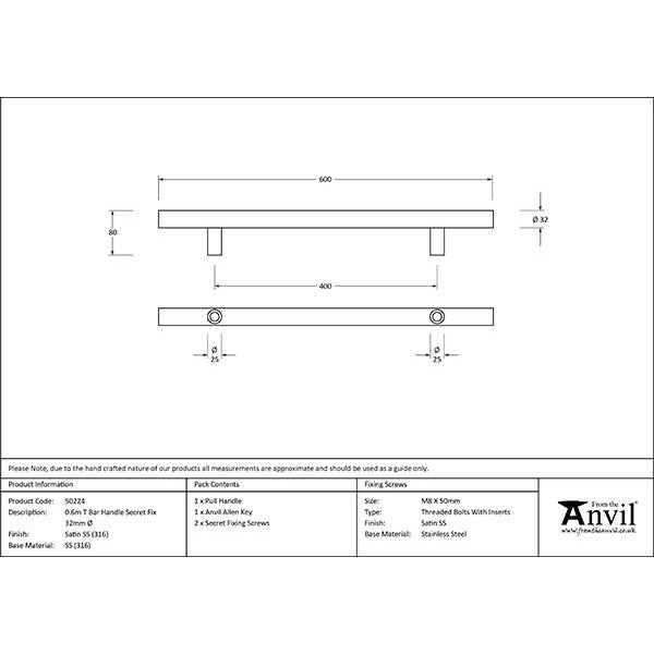 From The Anvil - 0.6m T Bar Handle Secret Fix 32mm Diameter - Satin Marine SS (316) - 50224 - Choice Handles