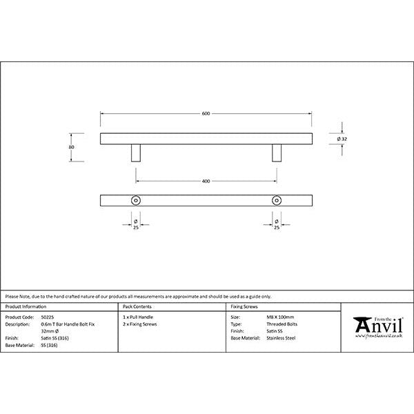 From The Anvil - 0.6m T Bar Handle Bolt Fix 32mm Diameter - Satin Marine SS (316) - 50225 - Choice Handles