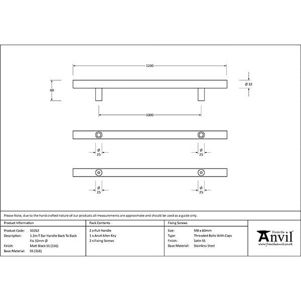 From The Anvil -  1.2m T Bar Handle B2B Fix 32mm Diameter - Matt Black - 50262 - Choice Handles