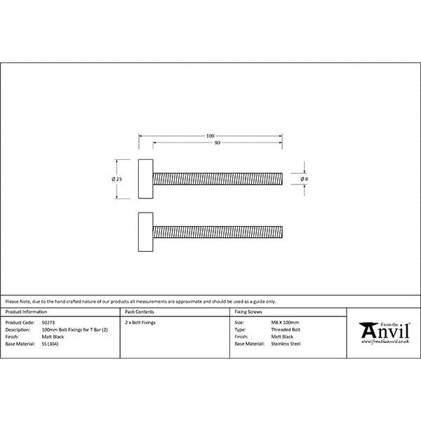 From The Anvil - 100mm Bolt Fixings for T Bar (2) - Matt Black - 50273 - Choice Handles