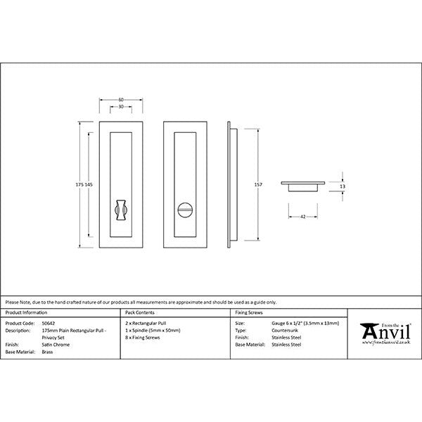 From The Anvil - 175mm Plain Rectangular Pull - Privacy Set - Satin Chrome - 50642 - Choice Handles