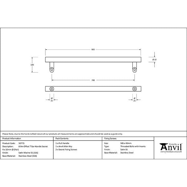 From The Anvil - 0.9m Offset T Bar Handle Secret Fix 32mm Diameter - Satin Marine SS (316) - 50773 - Choice Handles