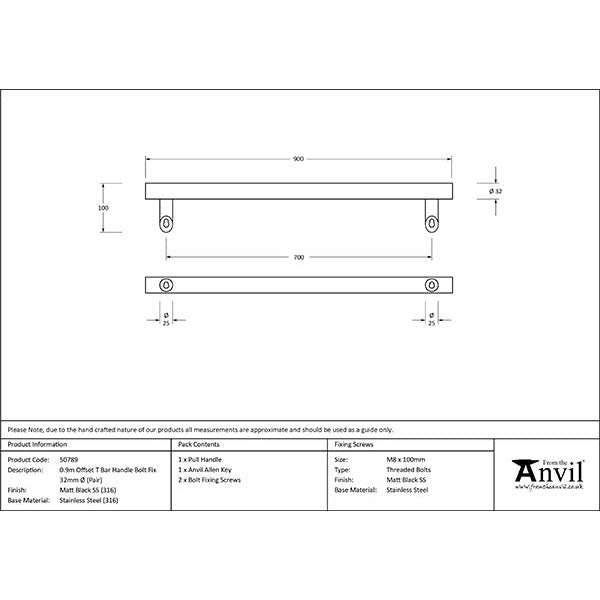 From The Anvil - 0.9m Offset T Bar Handle Bolt Fix 32mm Diameter - Matt Black - 50789 - Choice Handles