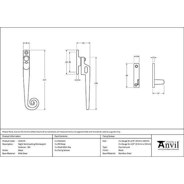 From The Anvil - Night-Vent Monkeytail Fastener - RH - Black - 51417R - Choice Handles