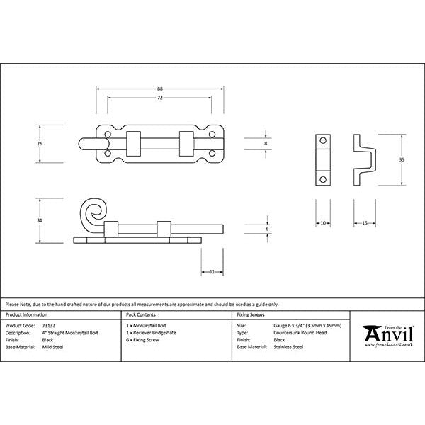 From The Anvil - 4" Straight Monkeytail Bolt - Black - 73132 - Choice Handles