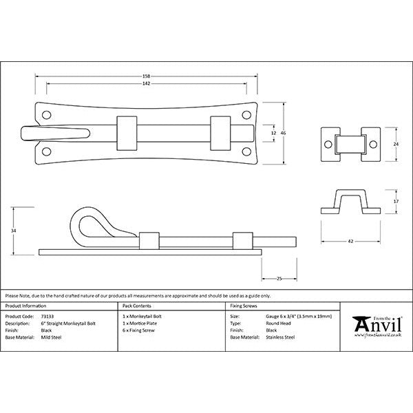 From The Anvil - 6" Straight Monkeytail Bolt - Black - 73133 - Choice Handles