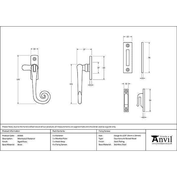 From The Anvil - Monkeytail Fastener - Aged Brass - 83565 - Choice Handles