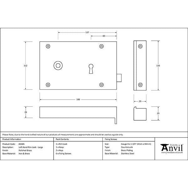 From The Anvil - Left Hand Rim Lock - Large - Polished Brass - 83585 - Choice Handles