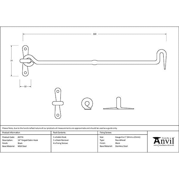 From The Anvil - 14" Forged Cabin Hook - Black - 83774 - Choice Handles