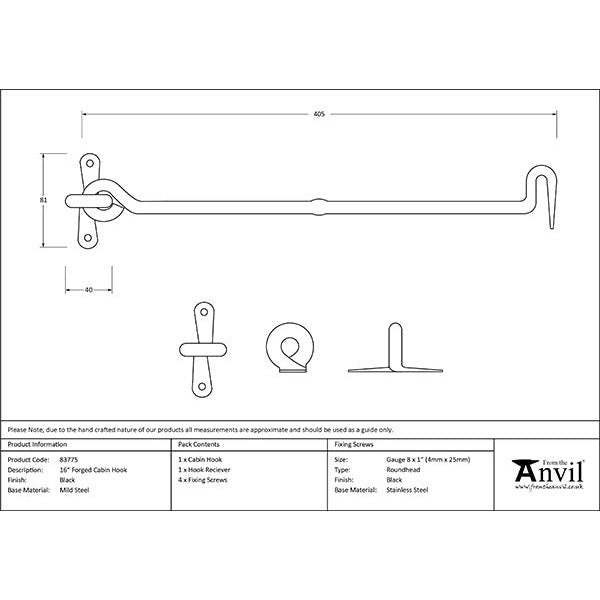 From The Anvil - 16" Forged Cabin Hook - Black - 83775 - Choice Handles