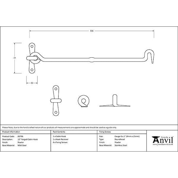 From The Anvil - 12" Forged Cabin Hook - Pewter Patina - 83796 - Choice Handles